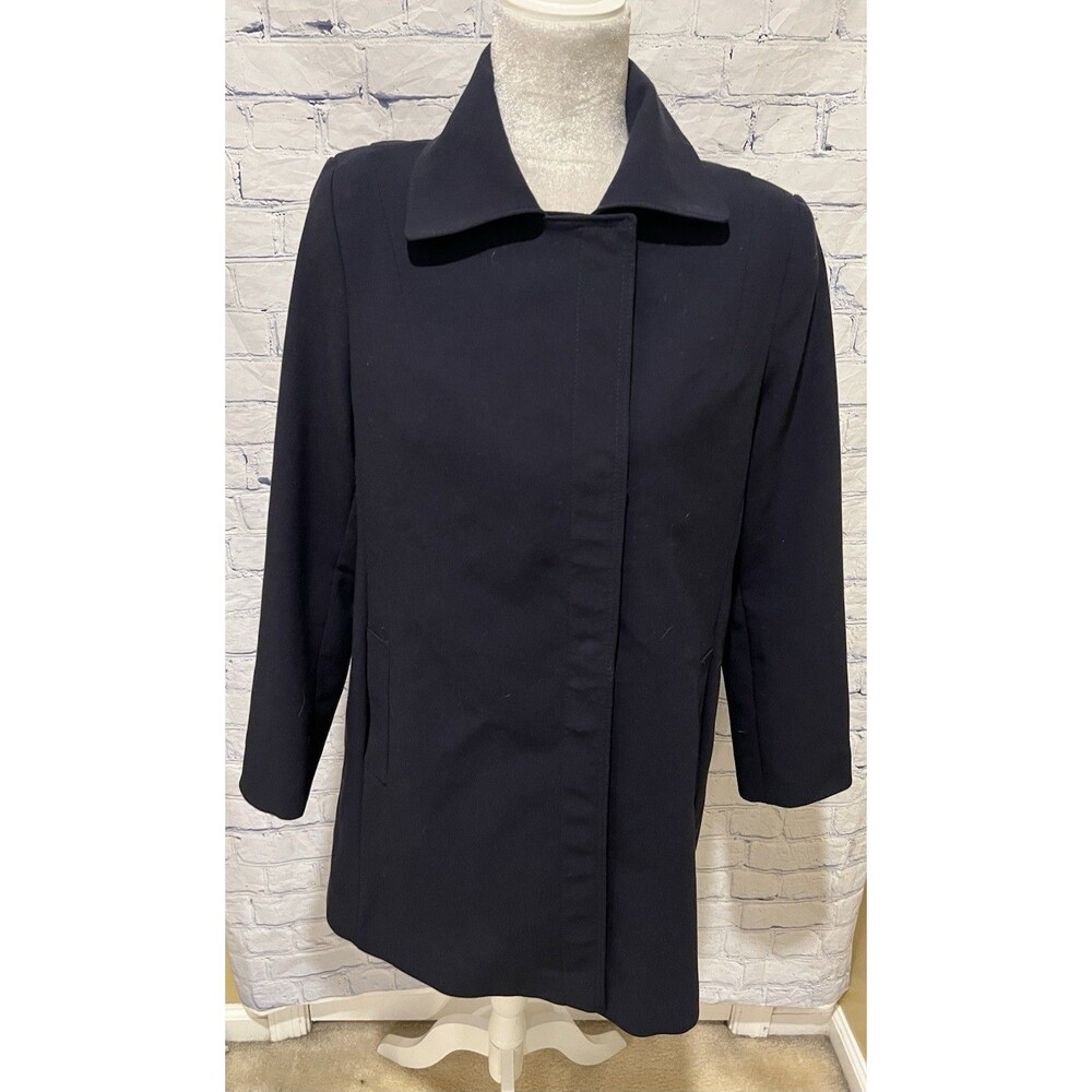 Tahari blue long coat with pink stripe Women’s Size Small